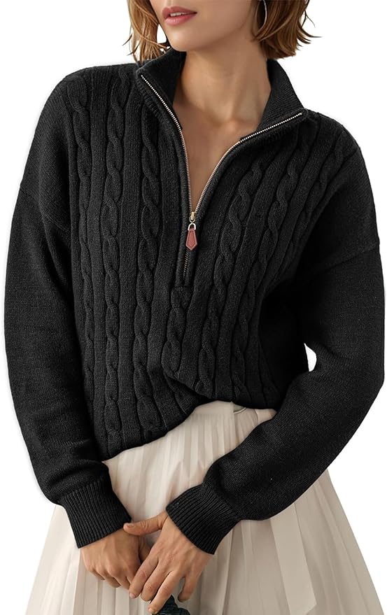 ScentVault Vintage Quarter Zip Casual Ribbed Cable Knit Pullover